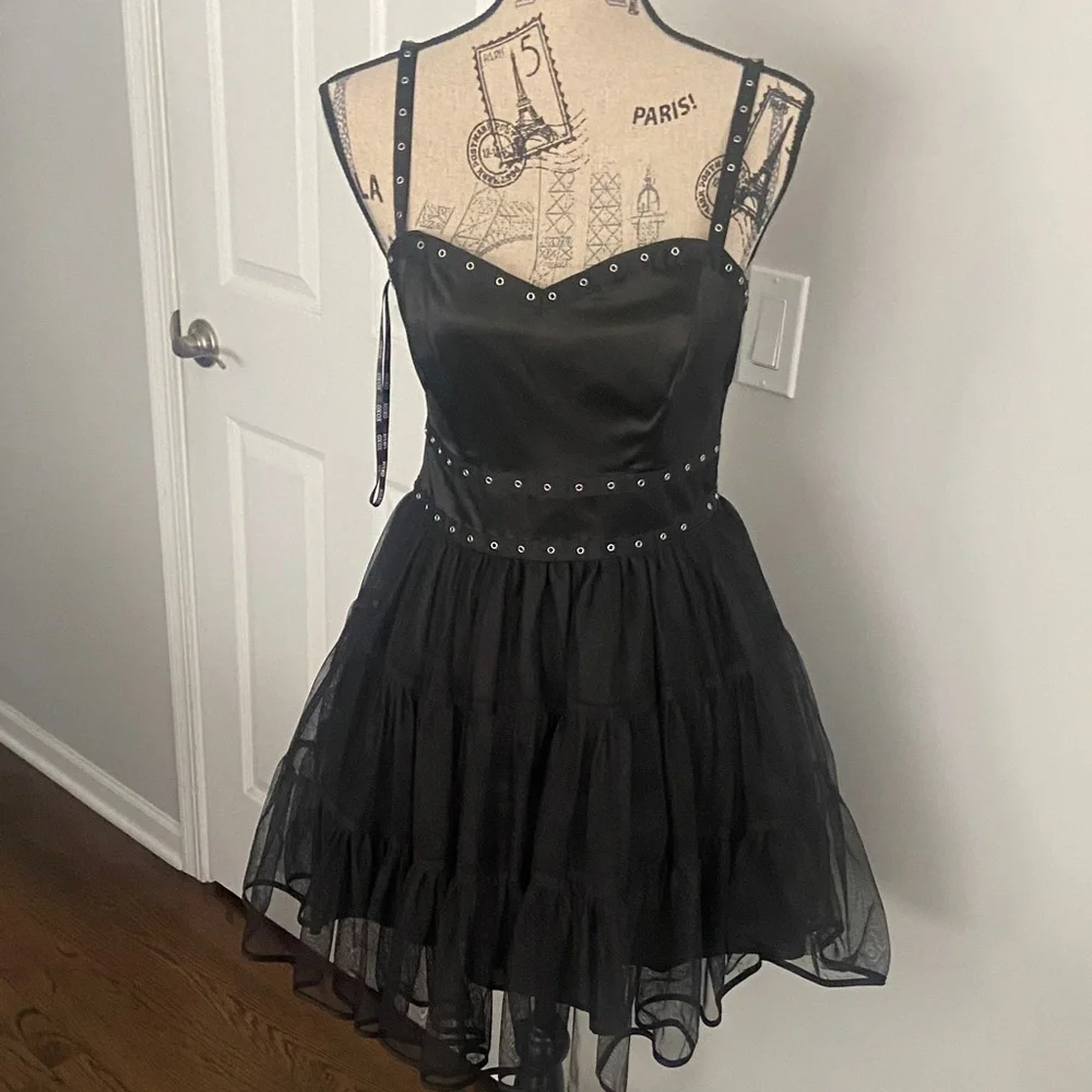 XOXO Black Studded gothic Mini Dress size-7 - Picture 1 of 8